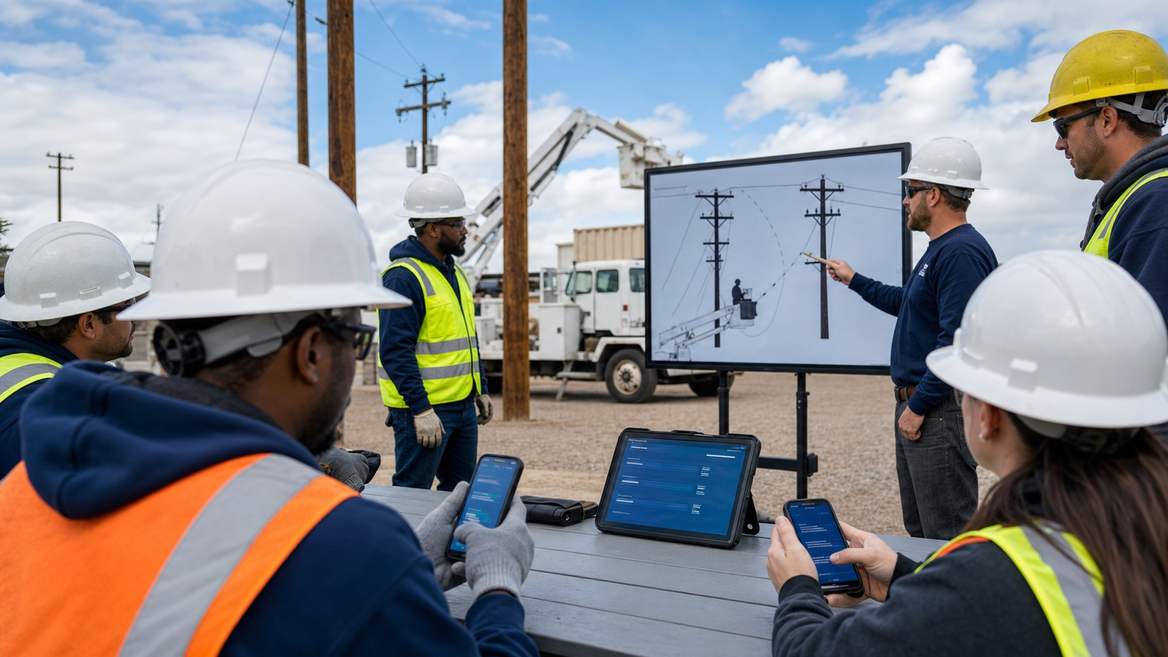 Utility lineworkers using tablets and phones during technical training