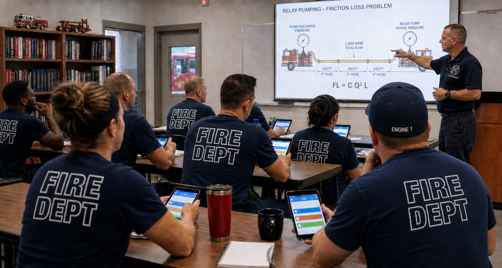 Fire department personnel studying relay pumping and friction loss in an interactive training class